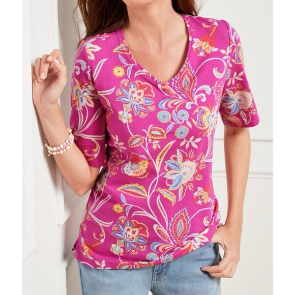 Talbots ‘The Talbots Tee’ Shirt Womens 2X Pink Paisley V-Neck Short Sleeve Top - Picture 1 of 7